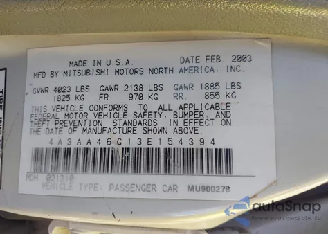 2003 Mitsubishi Galant Es/Ls from USA, damaged, VIN 4A3AA46G13E154394